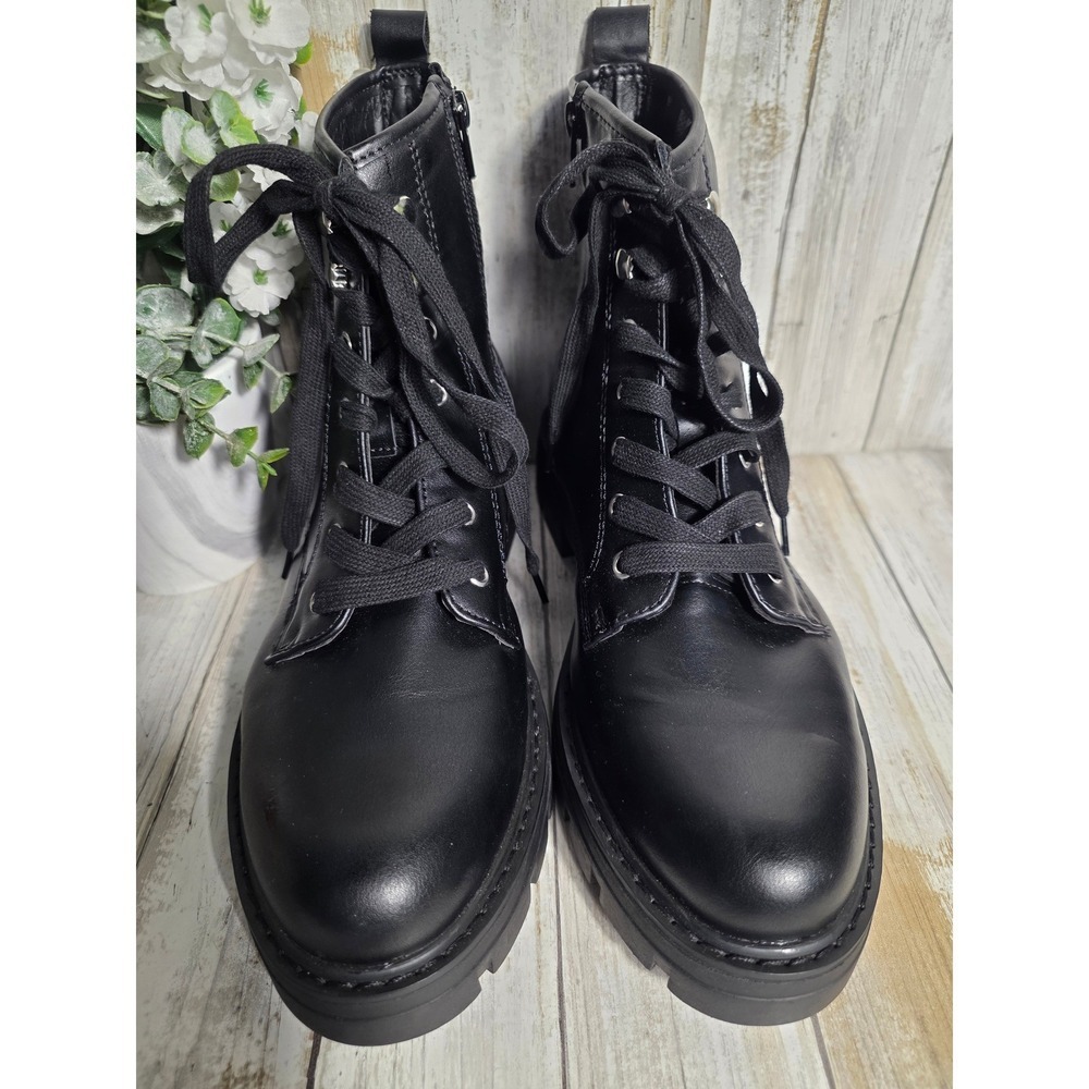 Womens Black Faux Leather Lace Up Combat Boots Side Zip Lug Sole Ankle Booties